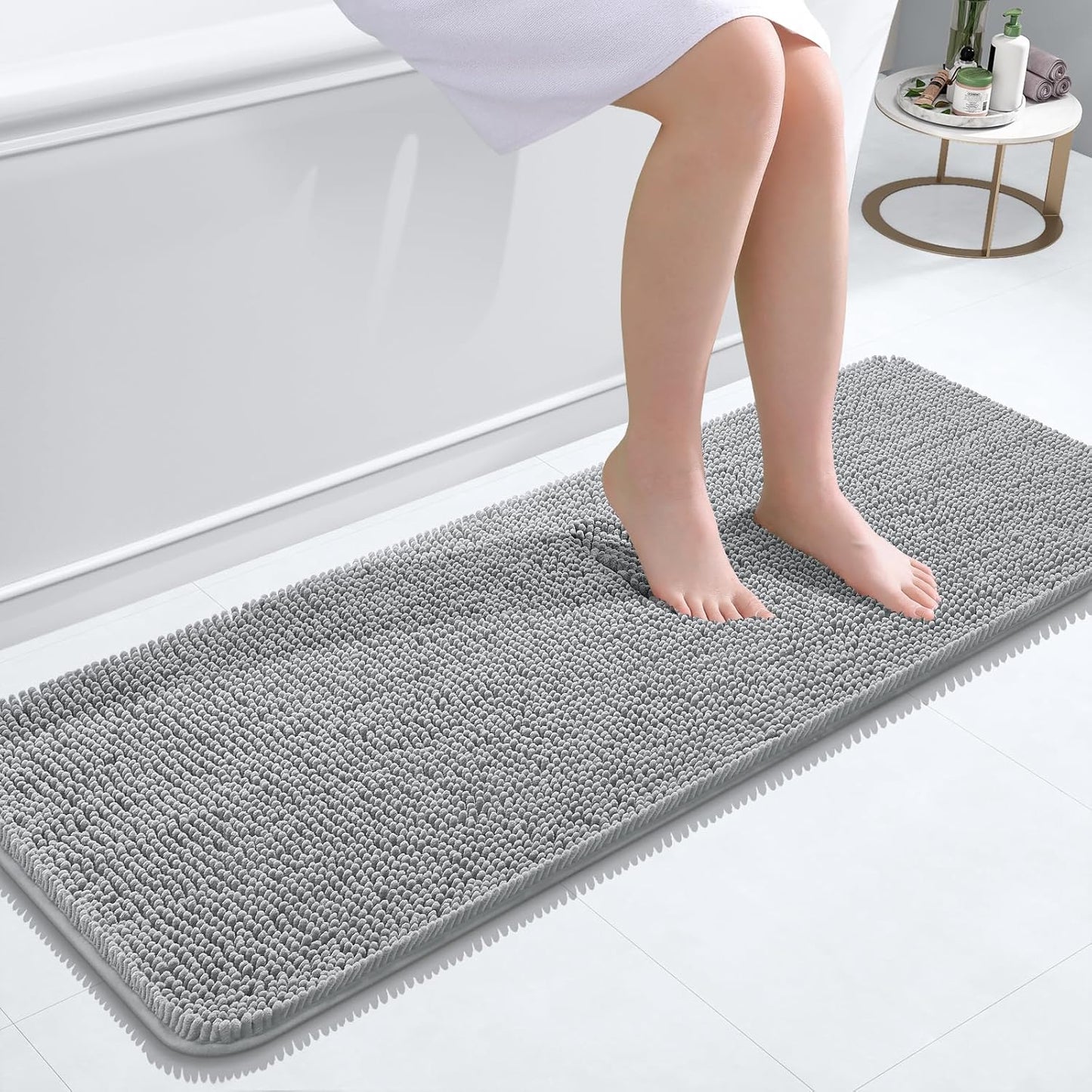 OLANLY Bathroom Runner Rugs - Soft Absorbent Chenille with Rubber Backing | 47x17 Inches, Light Grey