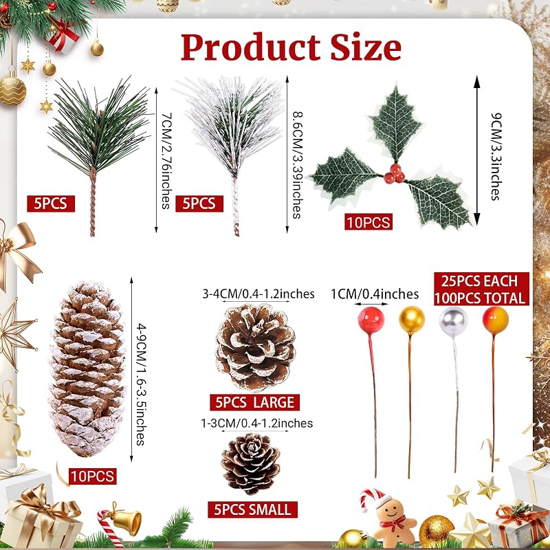 Snowy Pine Cones & Berry Stem Craft Kit - 140 Pcs Holiday Decor (Variation: Snow)