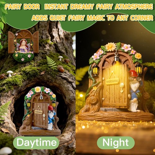Exasinine Fairy Door and Windows Set - Gnome Statue Garden Sculpture | Outdoor Lawn Decor