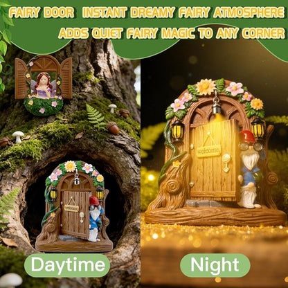 Exasinine Fairy Door and Windows Set - Gnome Statue Garden Sculpture | Outdoor Lawn Decor