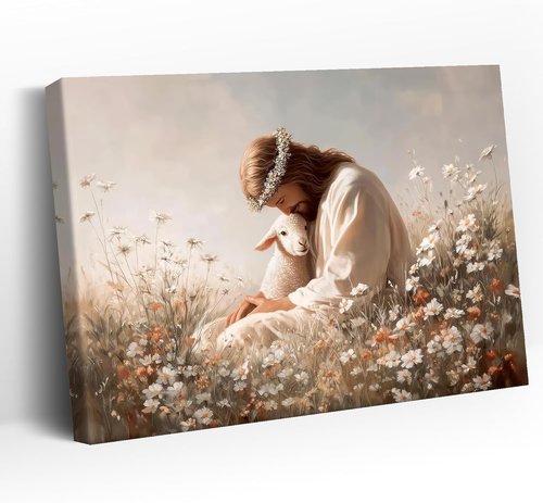 Jesus and the Lamb Canvas Wall Art - Christian Decor with Framed Religious Imagery for Home