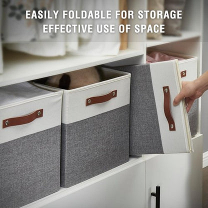 Bagnizer Collapsible Storage Cube Bins - Foldable Organizer Baskets with 2 Handles | 13"x13"x13", Gray & White, 4 Pack