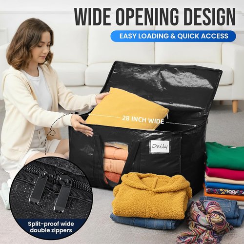 **TAILI Extra Large Heavy Duty Moving Bags - 4 Pack Black Totes with Visible Window & Wrap Around Handles**
