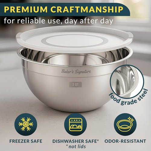 Baker's Signature Stainless Steel Mixing Bowls - Set of 5 Nesting Bowls with Lids | Dishwasher Safe, 0.5-5 Qt