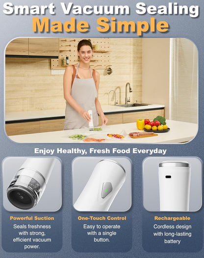 Skiennix Compact Vacuum Sealer - Handheld Food Saver Machine with 30 Reusable Bags | Fresh White