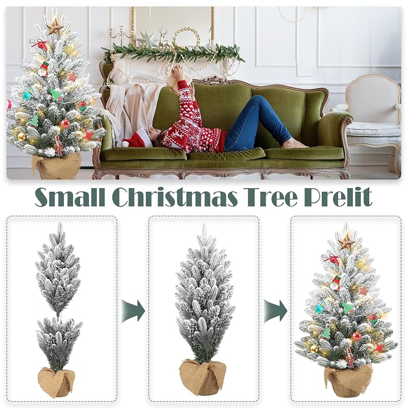 Gfilay 3ft Flocked Prelit Christmas Tree with 60 LED Lights, 8 Modes