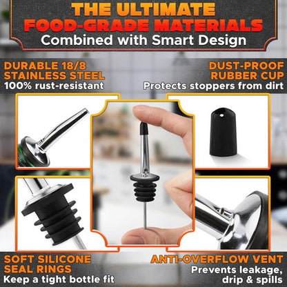 12Pcs Stainless Steel Liquor Pour Spout Covers - Leak-Resistant Alcohol Pour Spouts for Liquor Bottles, Oil Topper for Bottle with Silicone Seal Rings & Rubber Cups - Olive Oil Spouts for Bottles