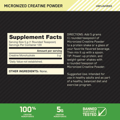 Optimum Nutrition Micronized Creatine Monohydrate Powder - Unflavored, 120 Servings, 600 Grams