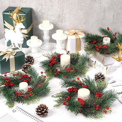 Knitgrip Mini Christmas Candle Rings - 4 Pcs Red Berry Pinecone Wreaths for Home Decor & Weddings