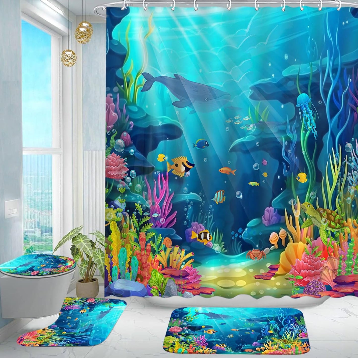Skiennix Ocean Shower Curtain Set - Tropical Underwater World Design with Non-Slip Bath Rugs | Kids Bathroom Decor