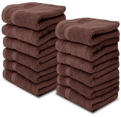 White Classic Luxury Cotton Washcloths 13x13 Inch - 650 GSM Turkish Cotton | Hotel, Spa, Bathroom Face Towel | 12 Pack, Brown
