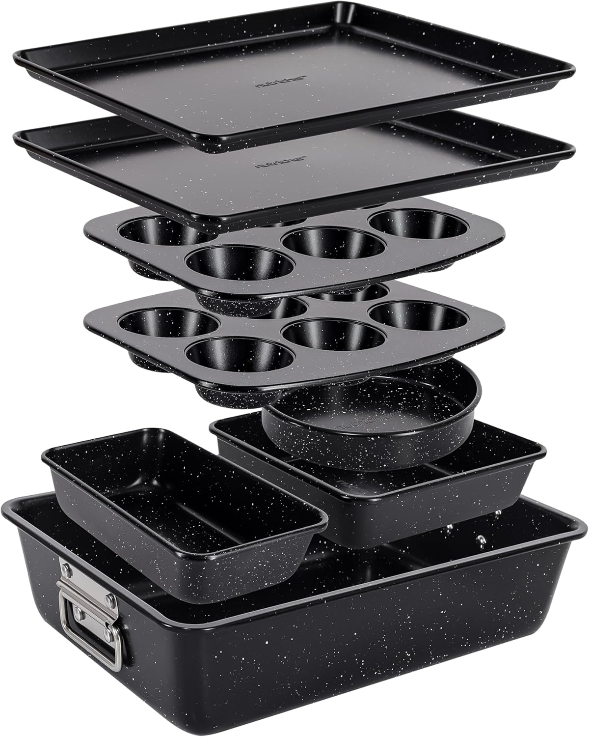NutriChef 8-Piece Bakeware Set - Non-Stick Carbon Steel Pans for Baking | Muffin, Round, Loaf, Square, Deep, Black Marble