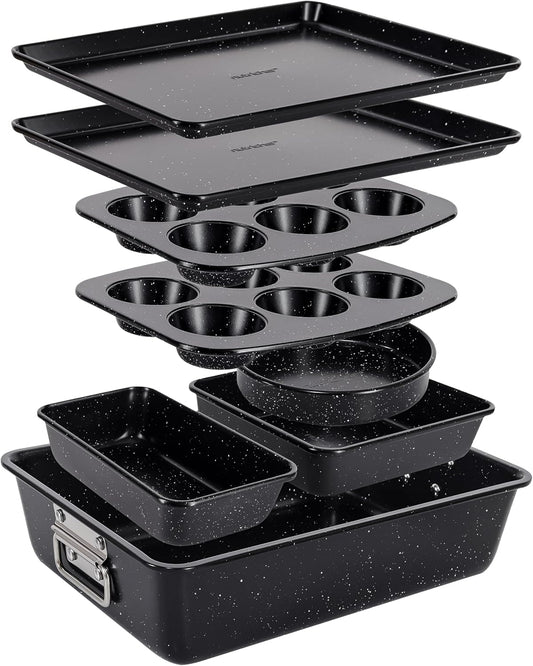 NutriChef 8-Piece Bakeware Set - Non-Stick Carbon Steel Pans for Baking | Muffin, Round, Loaf, Square, Deep, Black Marble