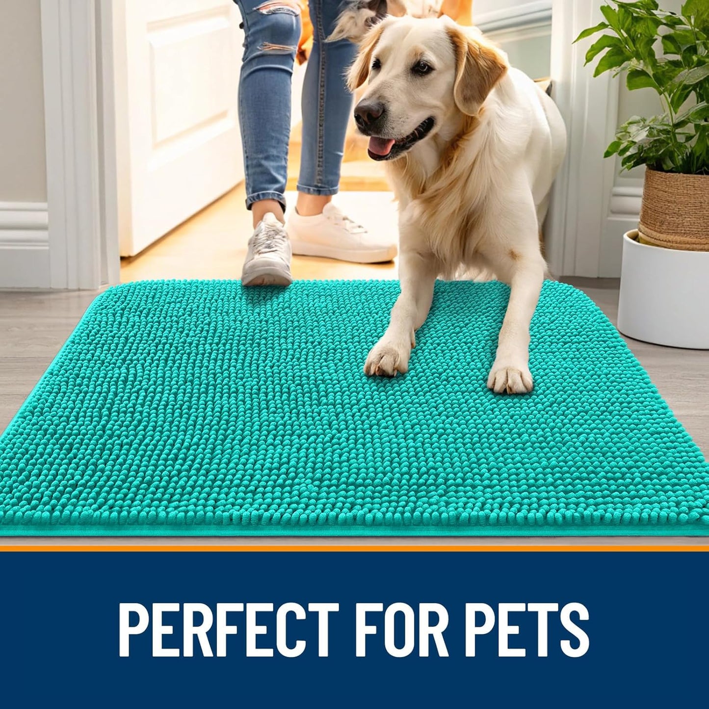 OLANLY Dog Door Mat - Absorbent Non-Slip Chenille Mat for Muddy Paws | 24x16 Inches, Teal Color