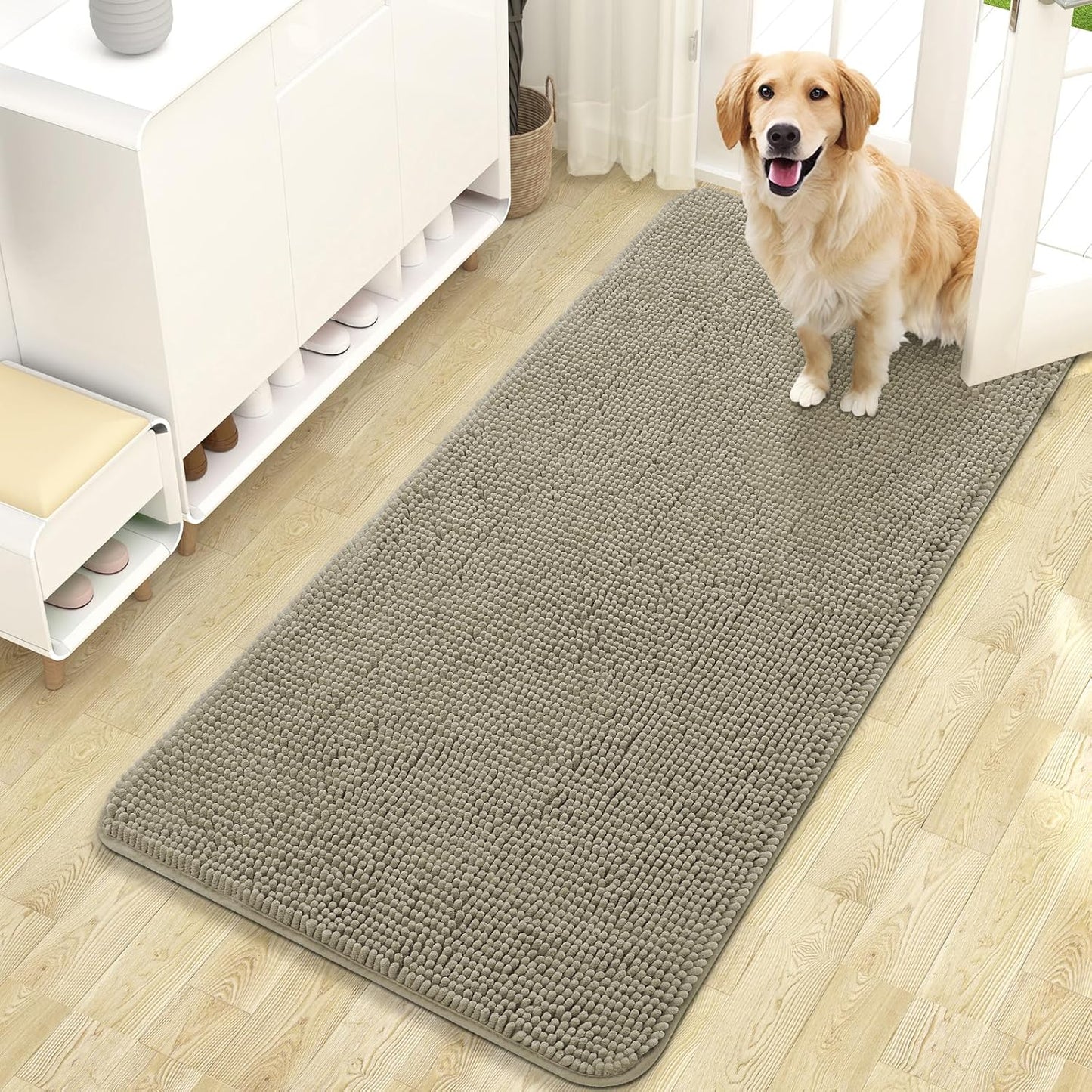 OLANLY Dog Door Mat - Absorbent Non-Slip Chenille Mat for Muddy Paws | 47x24 Warm Taupe Indoor Carpet