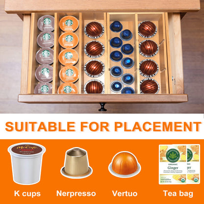 KEVTVEK K Cup Holder Organizer for Drawer or Countertop, 35-70 Coffee pod Holder Organizer, Adjustable K Cup Storage and Tea Bag Organizer for Coffee Station Home Office Bedroom and Kitchen(Bamboo)