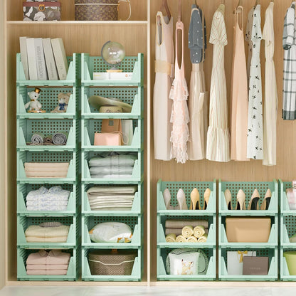 Stackable Plastic Storage Drawers - Closet Organizer Bins for Clothes | 5 Green Open Storage Bins