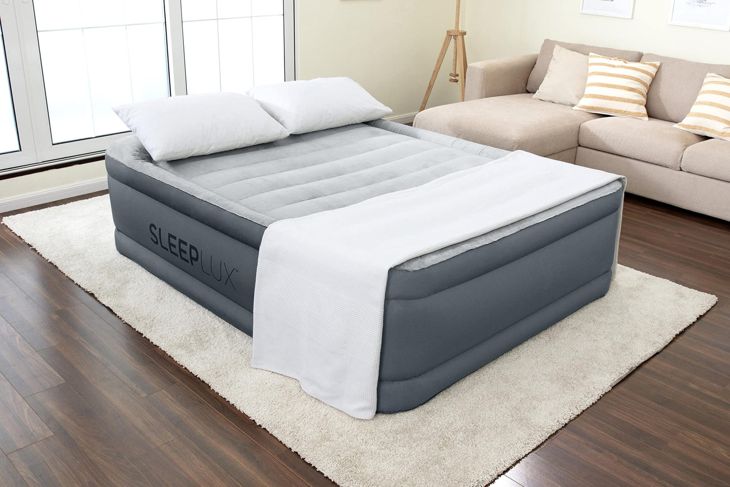 SleepLux Queen Air Mattress | Supersoft Snugable Top, Extra Durable Tough Guard with Built-in Pillow | Raised 22" Airbed with Built in Pump + USB Charger, Grey (69093E)