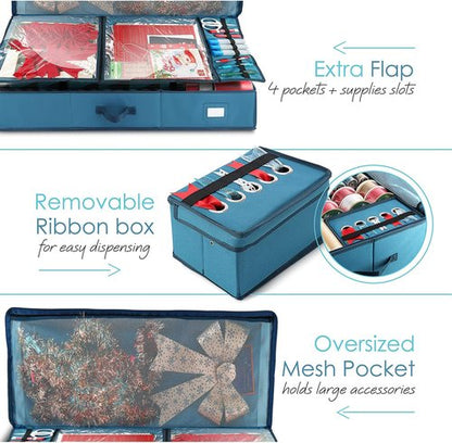 Hearth & Harbor Wrapping Paper Storage Container - Christmas Gift Wrap Organizer with Ribbon Dispenser | Holds 26 Rolls, Blue