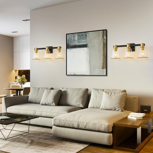 Deyidn Vanity Lights Black Gold Bathroom Light Fixtures Over Mirror, 3 Light Vanity Lighting Fixtures, Mid Century Modern Wall Sconce with Clear Glass Shades for Farmhouse Bedroom