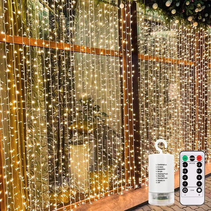 Echosari 300 LED Curtain Lights - Battery Operated Fairy Lights with Remote Timer | 9.8ft x 9.8ft Warm White for Bedroom, Patio, Wedding Décor
