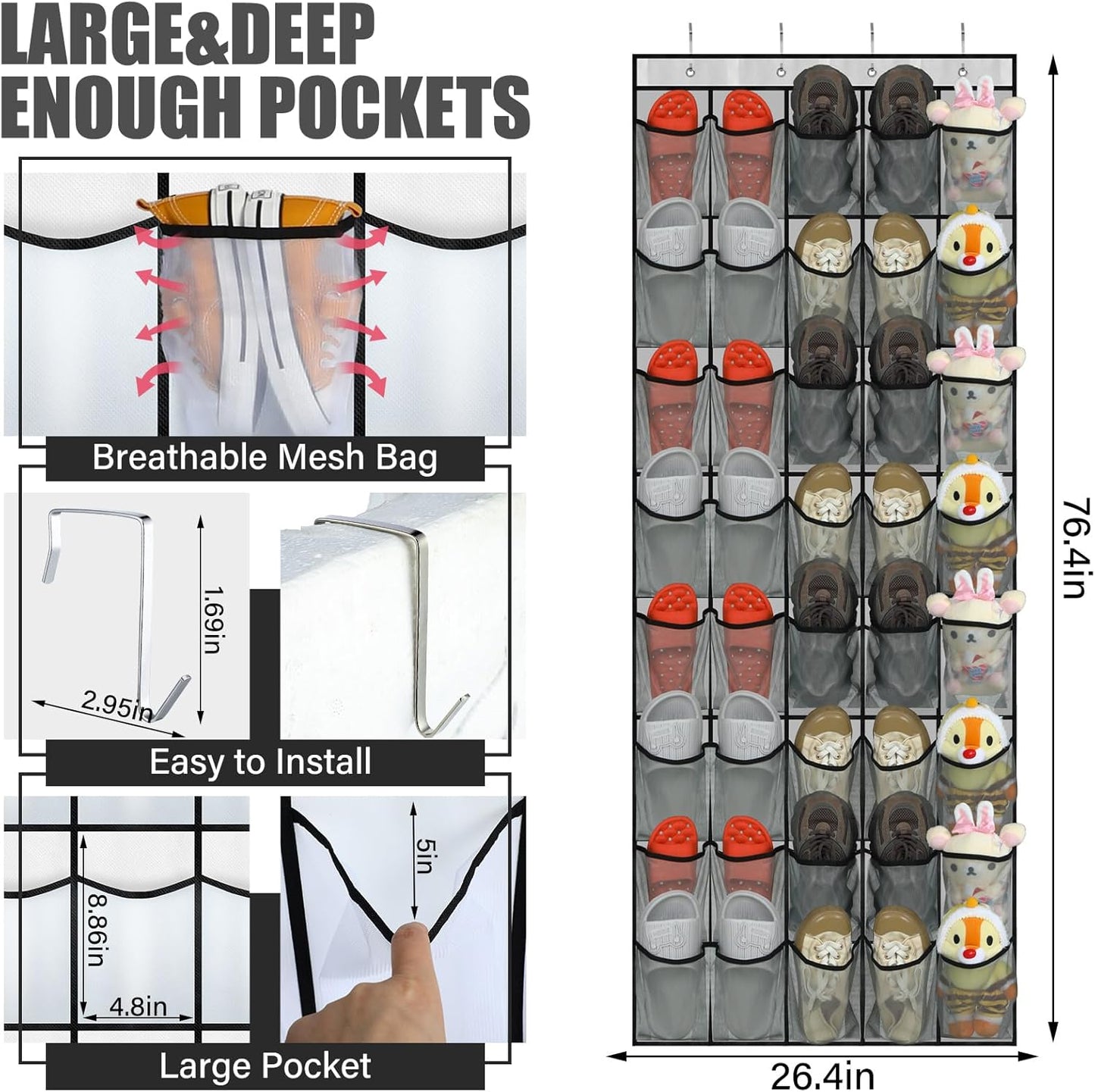 Windyun Over The Door Shoe Organizer - Large Capacity Gray Mesh Pocket Rack for Dorm, Closet & Entryway