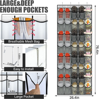 Windyun Over The Door Shoe Organizer - Large Capacity Gray Mesh Pocket Rack for Dorm, Closet & Entryway