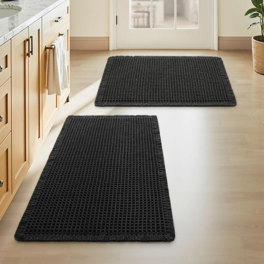Upgraded Waffle Bath Mats Set of 2, Super Absorbent Non Slip Bath Mats for Bathroom Floor, Washable Boho Bathroom Rugs Set 2 Piece with Tassels, Soft Bathroom Mat Set, 18" x 30" (2 Pack), Black
