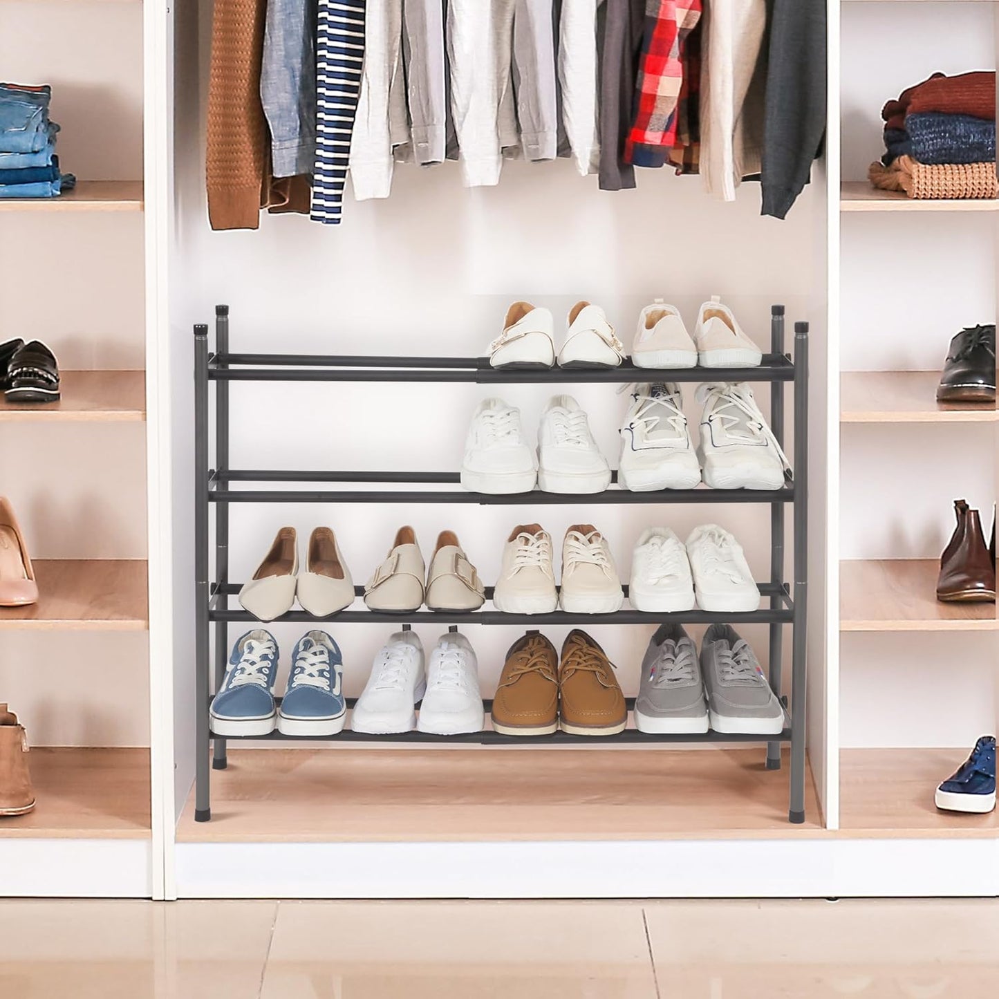 Storage Maniac Expandable Shoe Rack - Adjustable 4-Tier Organizer for 16 Pairs | Black Metal Design