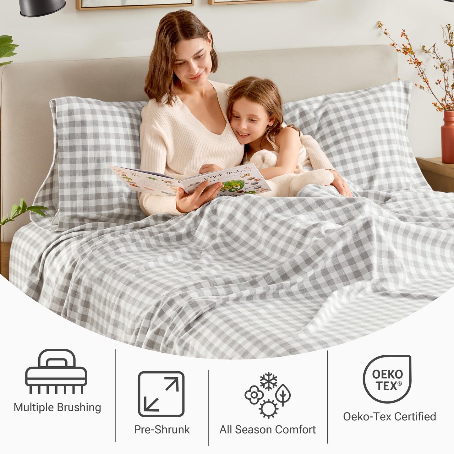 Sleep Philosophy True North 100% Cotton Flannel Sheets King Size, Cozy Flannel Sheet Set Brushed for Extra Softness, Heavyweight Novelty Print Warm Flannel Bedding Set, Gray Herringbone Check4 Piece