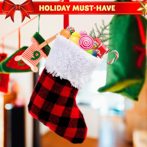 JOYIN 24 PCS Mini Christmas Stockings - Red Black Plaid Decor for Tree & Holiday Parties