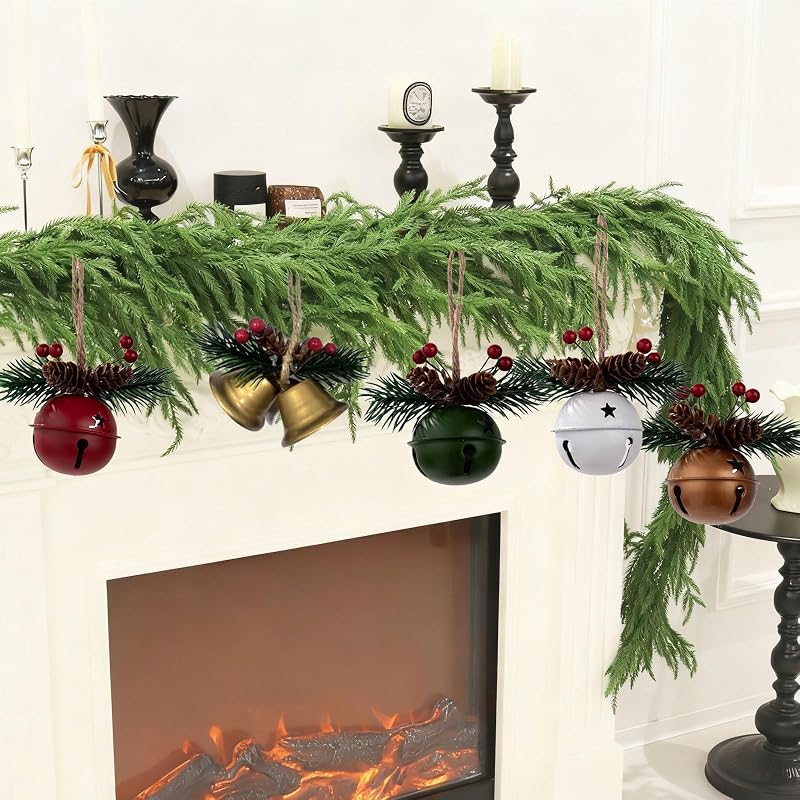 5-Pack Christmas Bell Ornaments Set for Tree, Wreath, Window & Mantel - Red, Green, Gold & White
