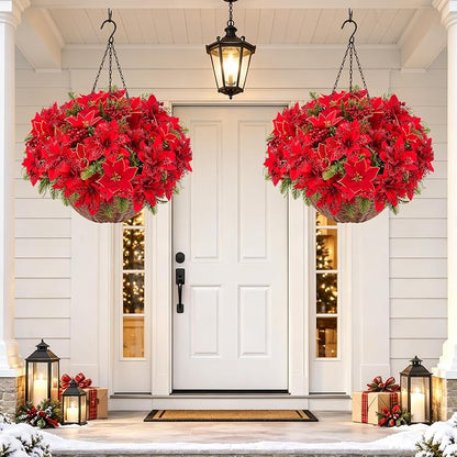 Artificial Velvet Poinsettia Hanging Baskets Outdoor 2-Pack - Red & Green