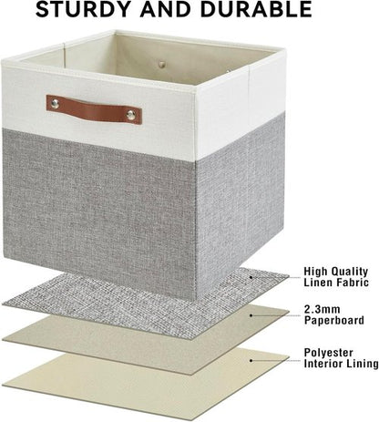 Bagnizer Collapsible Storage Cube Bins - Foldable Organizer Baskets with 2 Handles | 13"x13"x13", Gray & White, 4 Pack