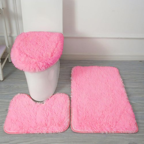 Eanpet Pink Bathroom Rugs Set - 3-Piece Washable Bath Mat with U-Shaped Contour & Toilet Lid Cover