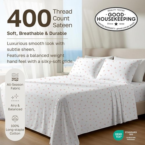 California Design Den Queen Size Bed Sheets Set - 100% Cotton, 400 Thread Count, Smooth Sateen Finish, Deep Pockets, Floral Design