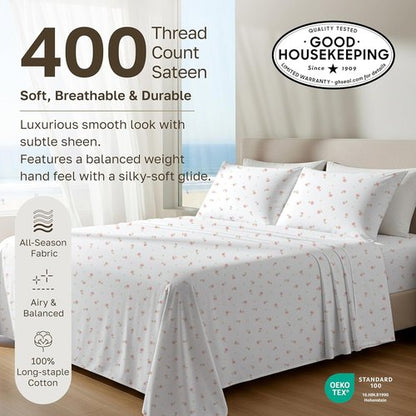 California Design Den Full Size Bed Sheets Set - 100% Cotton, 400 Thread Count, Smooth Sateen Finish, Deep Pockets, Floral Design