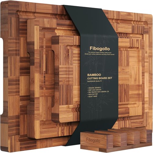 Bamboo Cutting Boards Set - End Grain Butcher Block with Juice Groove | 3-Piece Kitchen Set