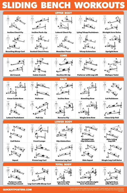 Palace Learning Bodyweight Workout Charts - 3 Pack with Stretching Exercises & Sliding Bench