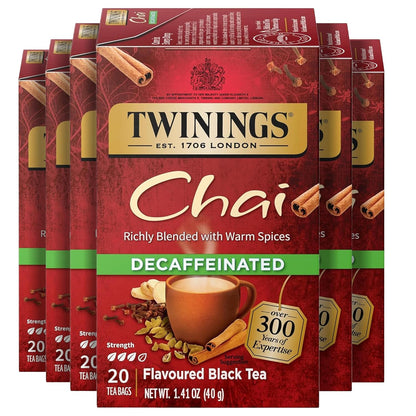 Twinings Decaffeinated Chai Tea Bags - Sweet & Savory Spices, 20 Count (Pack of 6) | Enjoy Hot or Iced