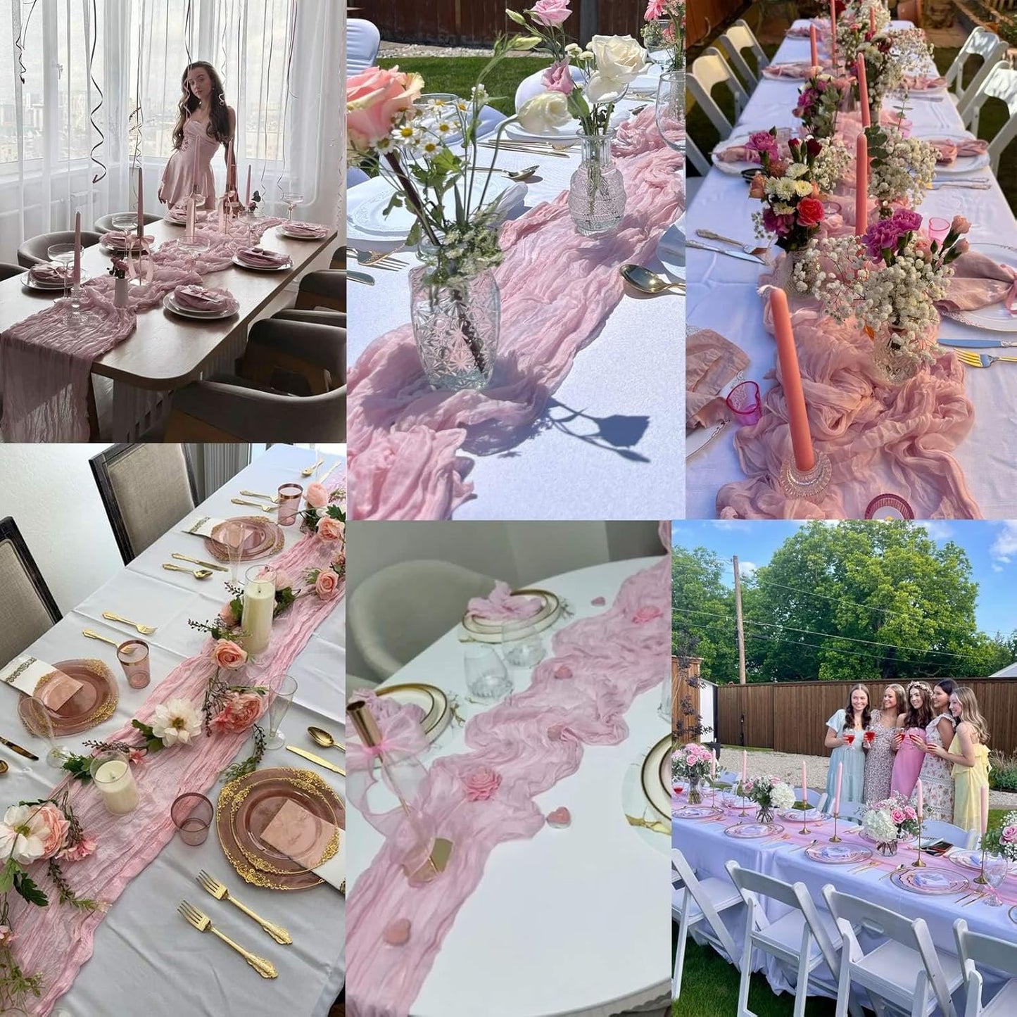 TuTive Light Pink Cheesecloth Table Runner - Boho Sheer Design for Weddings & Events | 13.3FT