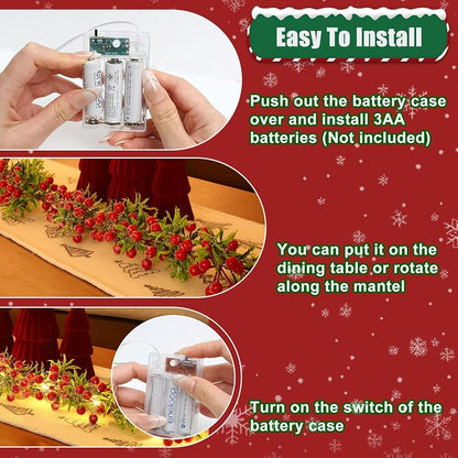 Breeze Touch 2 Pack Lighted Olive Garland with Red Berries - Battery Operated Snowy Christmas Decor