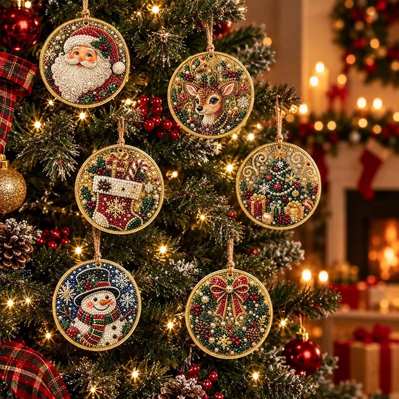 6Pcs Wooden Christmas Ornament DIY Pearl Diamond Art Kit Set