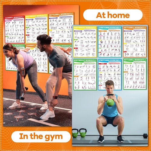 Gisgfim 8PCS Workout Posters | Full Body Exercise Charts for Home Gym - Laminated Dumbbell & Kettlebell Training Decor