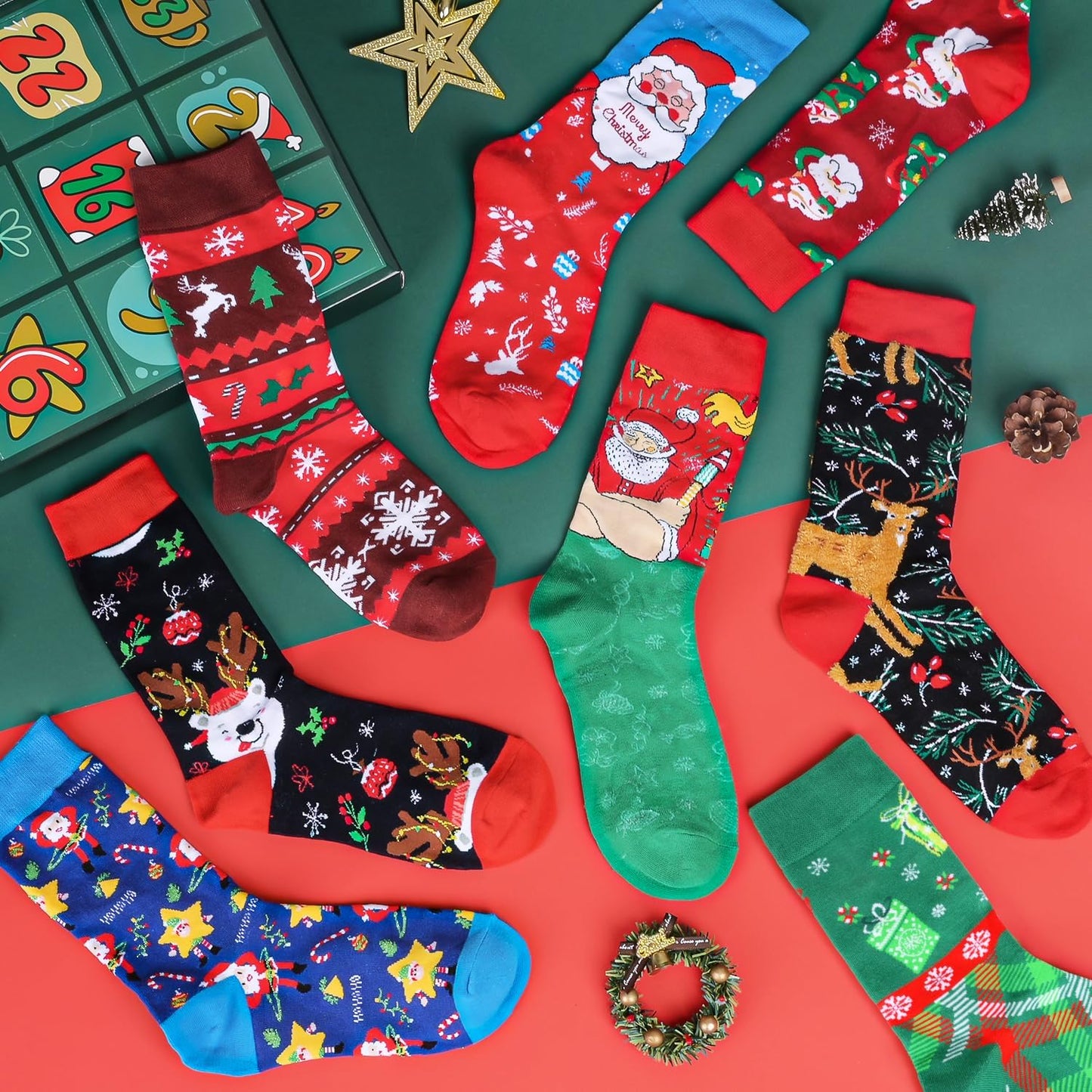 MOVINPE Advent Calendar Socks - 24 Pairs of Funny Christmas Crew Socks for Adults | Warm Cotton Countdown Gifts