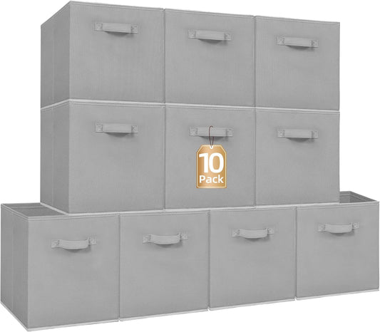Storage Maniac 13-Inch Collapsible Storage Cubes - 10 Pack Durable Fabric Bins for Organization | Grey