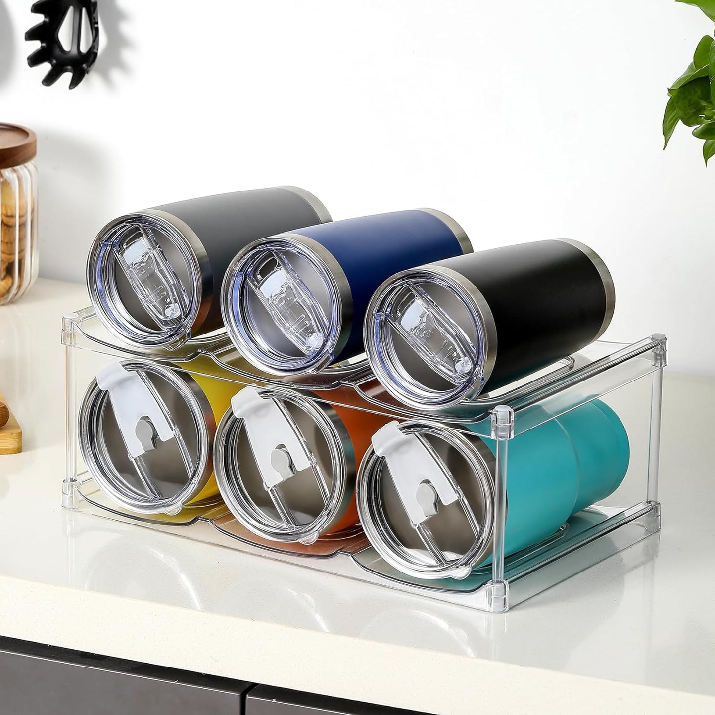 Skiennix Stackable Water Bottle Organizer - Large Compartment for Stanley Tumblers | Clear 2-Tier Rack Holds 6 Bottles