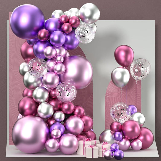 PartyWoo Balloon Garland - 100 Pcs Pink & Purple Metallic Balloons | 18", 12", 10", 5" Sizes for Birthday & Party Decor