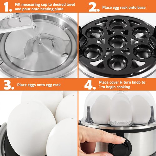 Elite Gourmet Electric Egg Poacher - Easy Omelet & Boiled Egg Cooker with Auto Shut-Off | 7 Eggs, Stainless Steel