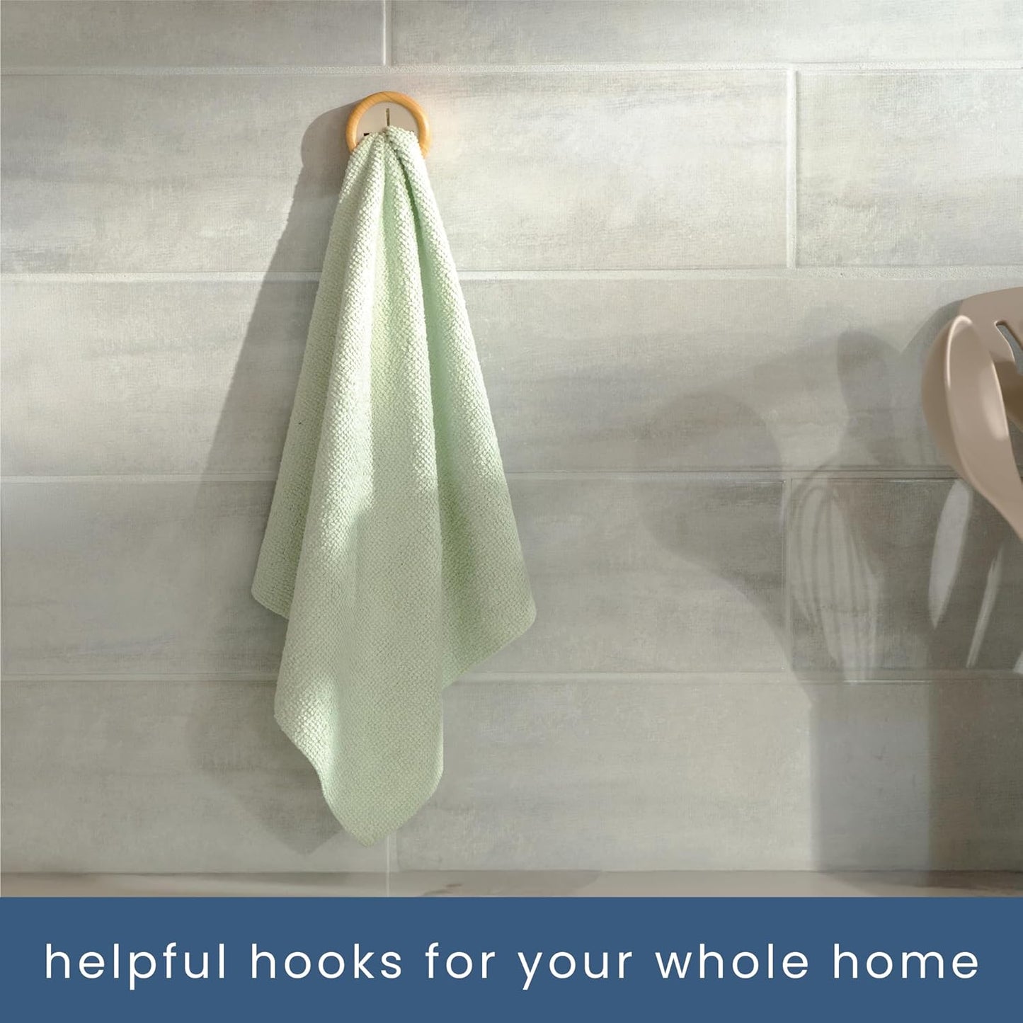 S&T INC. Round Adhesive Towel Hooks - Durable Plastic & Bamboo Design | 4 Pack for Kitchen Use